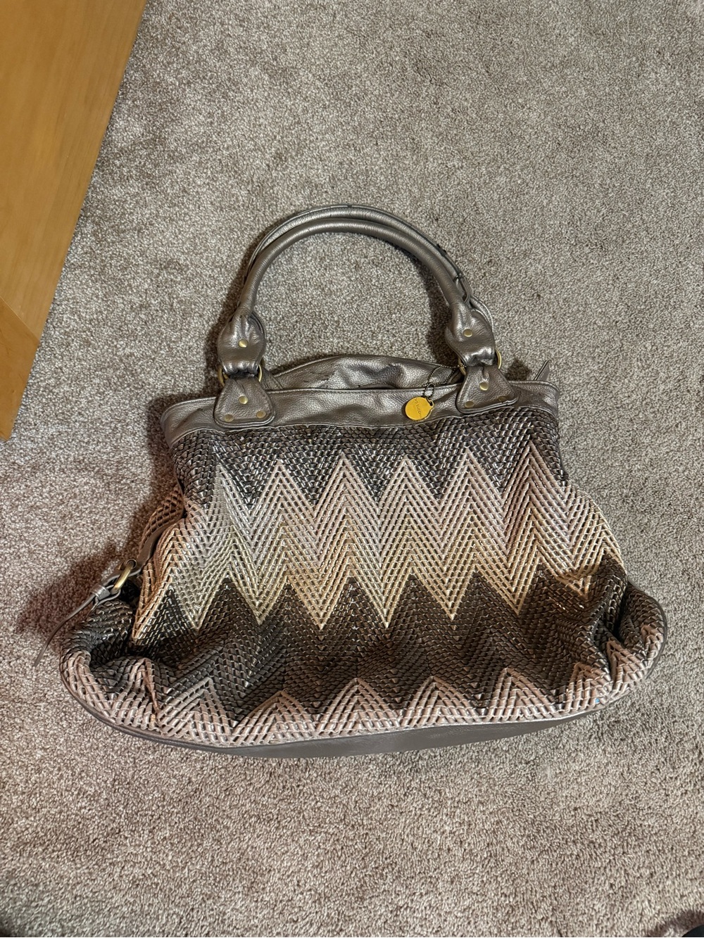 Big Buddha Metallic Gray and Cream Chevron Woven Shoulder Bag